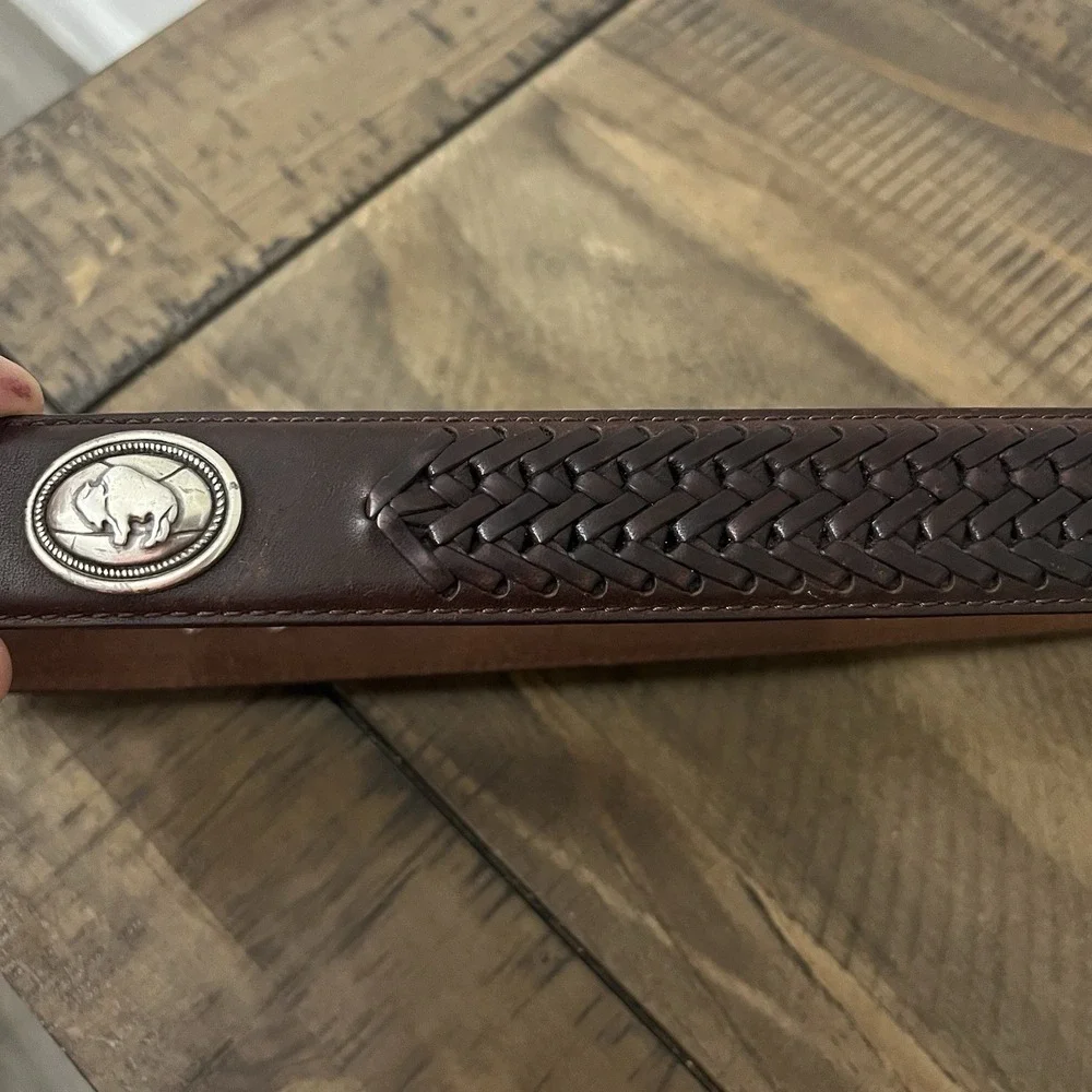 Vtg FOSSIL Brown Leather Belt Silver‎ Buffalo Yellowstone Concho Men's 34